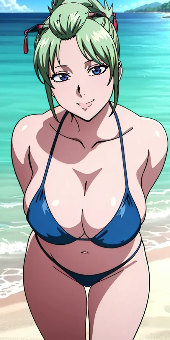 (best quality:1.5, highres, UHD, 4K, detailed lighting, shaders), ponytail, busty, bikini, cleavage, standing, (close shot), beach background, smiling, lewd, sexy, erotic, seductive