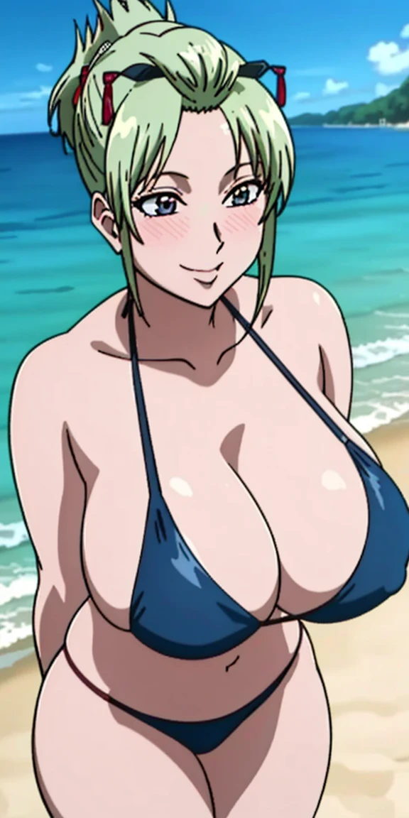 (best quality:1.5, highres, UHD, 4K, detailed lighting, shaders), ponytail, busty, bikini, cleavage, standing, (close shot), beach background, smiling, lewd, sexy, erotic, seductive