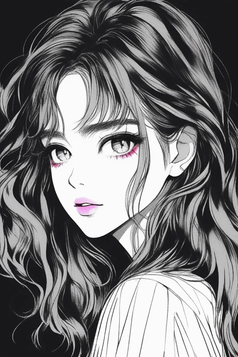 (best quality, sketch:1.2), epic realistic,illustrator,anime,1 girl, detailed lips,custom, (background dark monochrome),textured cropping, hdr, details, masterpiece, style retro classic, rainbow colour gradient, art, (kare cascade hair (black:1.75) [neon:1.32])