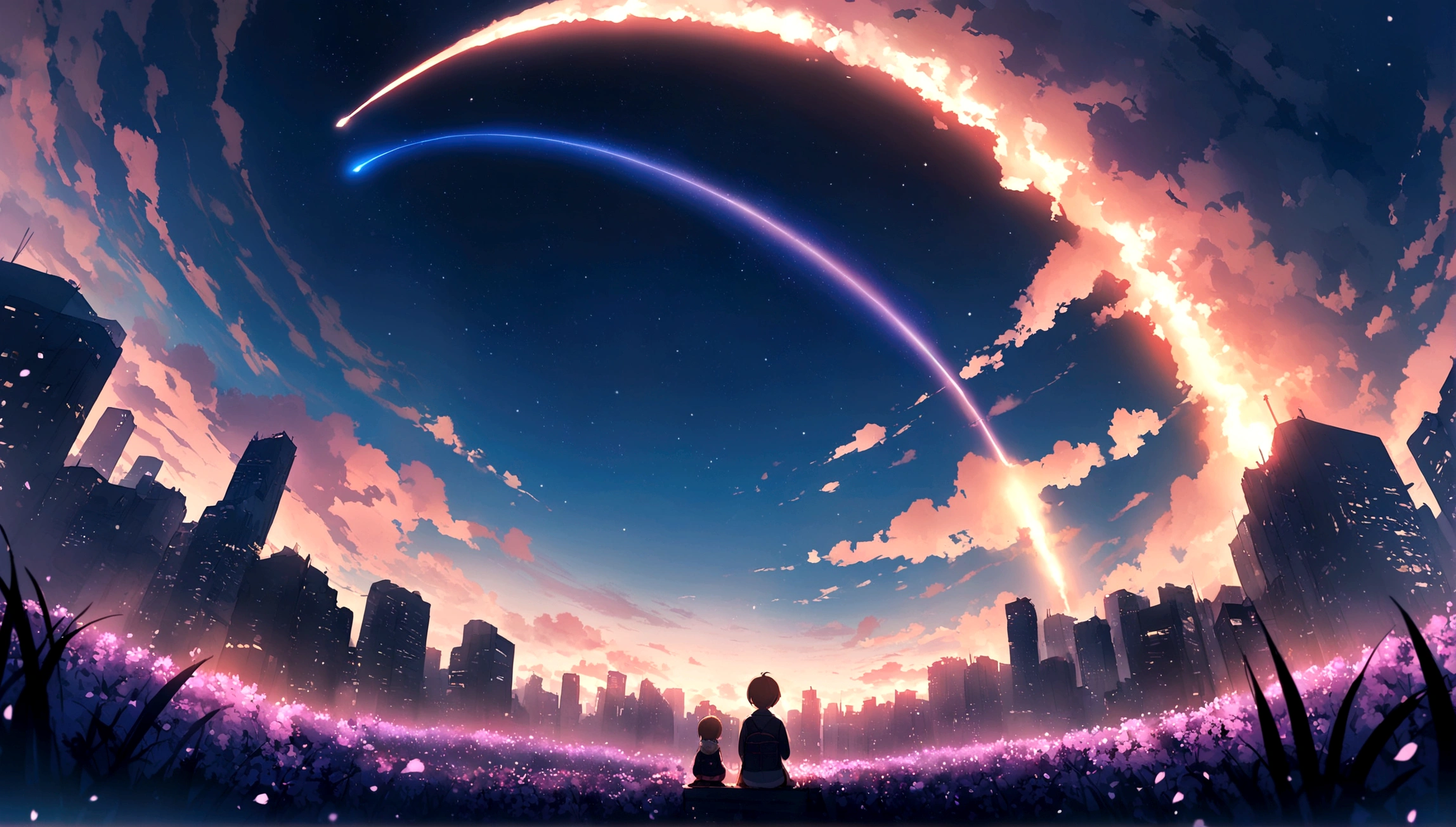City of night、The sky is wonderful、meteor、3 year old sitting on top of a building、Brown Hair、Back view、The city is bright with streetlights、Highest quality、Anime Scenery、Xin Haichen、building、Field、Milky Way 110207, distant 3 year old little boyt the,(Zoom out:1.1),(meteor:1.2)、(comet:1.1,yourname、Low Anglem behind、Alola、shooting star、cherry blossoms、Standing in the Field、Highest quality、masterpiece、cloud、colorful、Starry Sky、