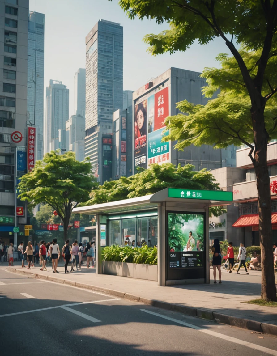 A crowded modern Chinese city, a bustling metropolis, a bus stop shelter with advertisement billboards, people waiting, lush green plants, high definition, photorealistic, 8k, hyperrealistic, professional lighting, cinematic colors, dramatic shadows, symmetrical composition, urban landscape, detailed architecture, clean lines, futuristic, vibrant, stunning
