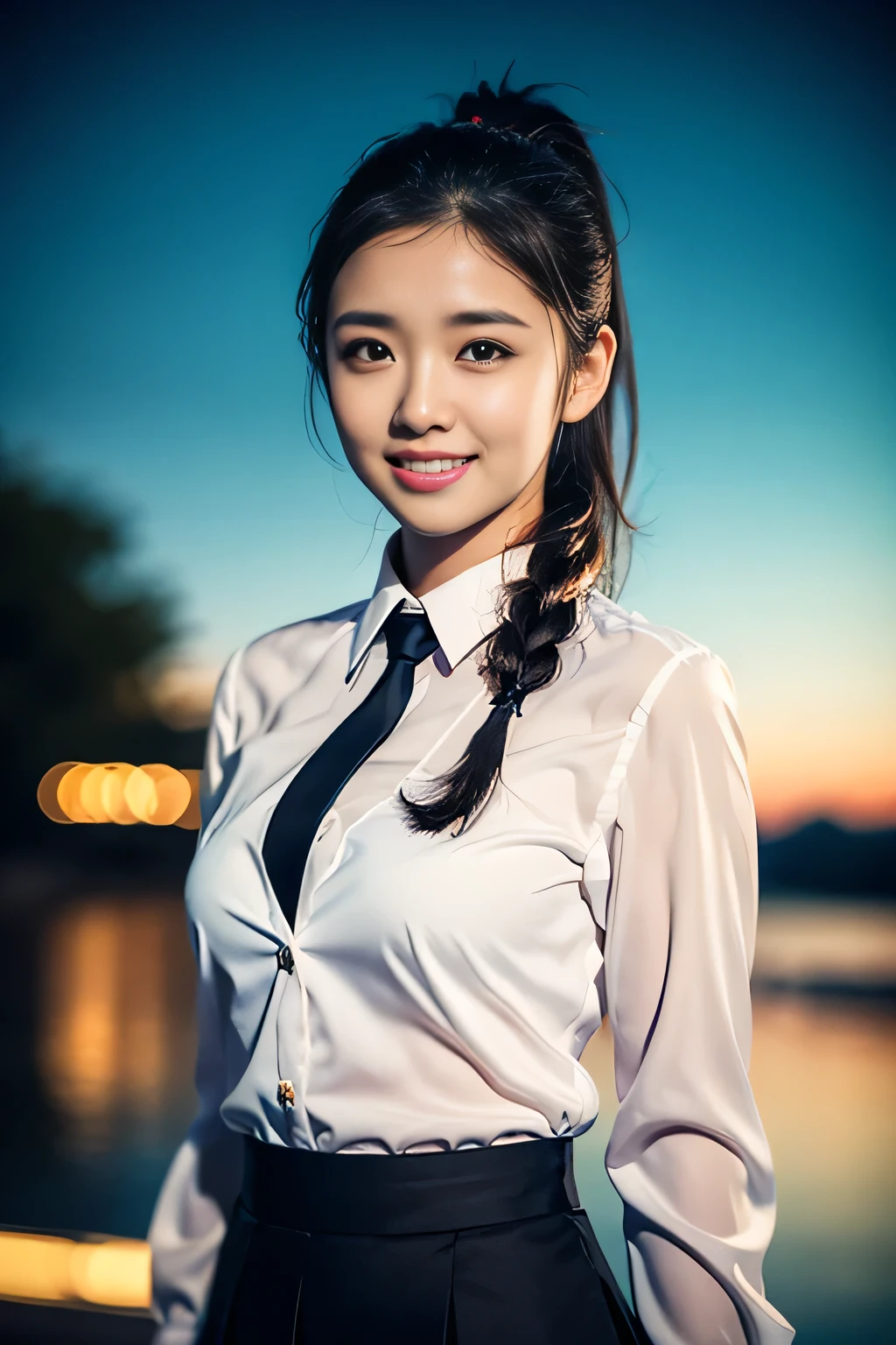 a gorgeous lady, age 18, Formal Skirt Suit with Blouse, posing naturally under night sky, dimpled smile, short ponytail, cute snaggleteeth, well-endowed round bosom, photorealistic, beautiful detailed eyes, hyper-realism, high contrast, ultra HD, realistic skin textures, top image quality, top-quality, super high resolution, fine details, very meticulously, bokeh background