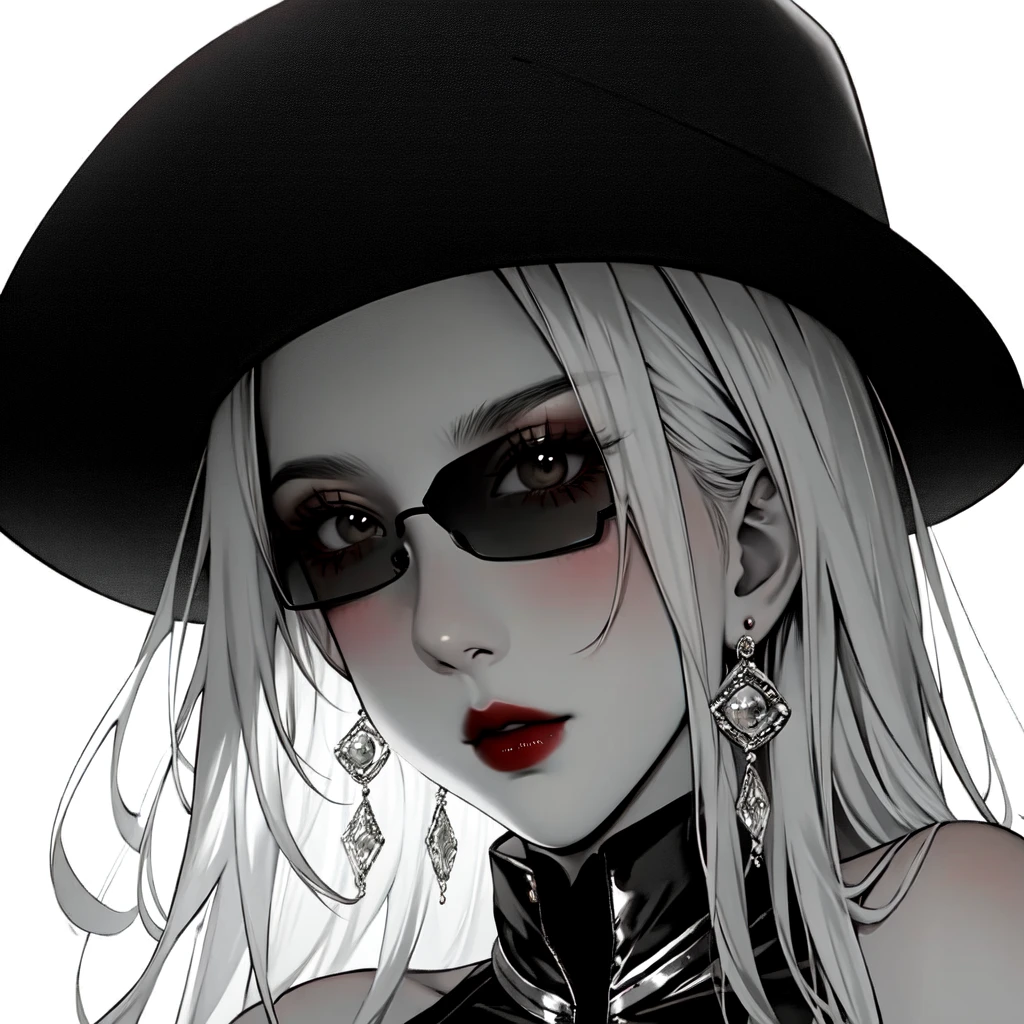 1girl, sunglasses, solo, hat, lipstick, red lips, long hair, dress, plunging neckline, makeup, monochrome, white background, earrings, cleavage, jewelry, upper body, spot color, hair over shoulder,dark theme,shiny,shiny skin,milf,(mature female:1.2), 
