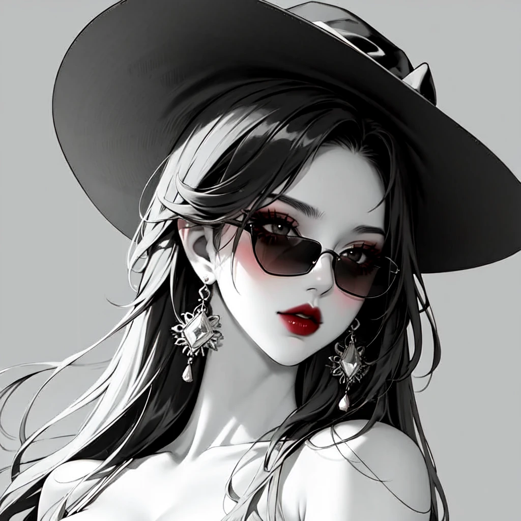 1girl, sunglasses, 独奏, hat, lipstick, red lips, Short hair, dress, plunging neckline,rose, makeup, monochrome, white background, earrings, cleavage, jewelry, upper body, spot color, hair over shoulder,dark theme,shiny,shiny skin,milf,(mature female:1.2), I don't wear glasses,