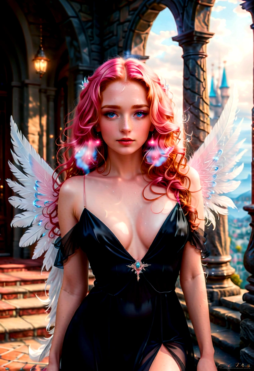 Arafed, a picture of a female angel in high society prom event, divine beautiful female angel, red hair, long hair, flowing hair, the hair glows in a soft light, cerulean eyes, deep light eyes, divine feminine  face, (spread white feather wings: 1.2), she wears a ((pink and black evening dress: 1.5)), elegant, intricate detailed dress, silk dress, small cleavage, some crystals on the dress,  she wears elegant knee high heeled boots, exquisite knee high heeled boots, she stands on the porch of a fantasy castle, dynamic angle, soft torch light, (Masterpiece: 1.5), 16k, highres, best quality, high details, ultra detailed, masterpiece, best quality, (extremely detailed), AngelStyle, GlowingRunesAI_paleblue, angel_wings, Angel