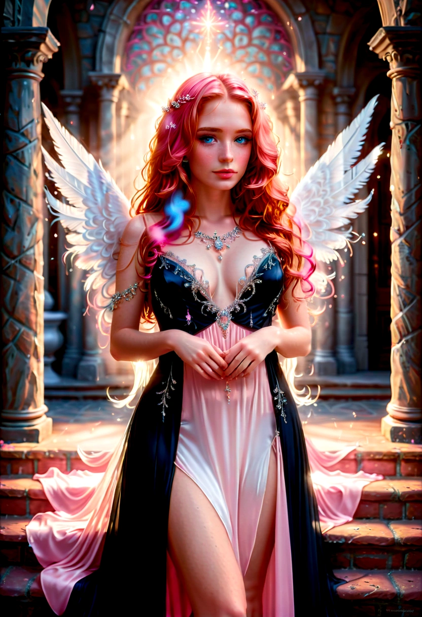 Arafed, a picture of a female angel in high society prom event, divine beautiful female angel, red hair, long hair, flowing hair, the hair glows in a soft light, cerulean eyes, deep light eyes, divine feminine  face, (spread white feather wings: 1.2), she wears a ((pink and black evening dress: 1.5)), elegant, intricate detailed dress, silk dress, small cleavage, some crystals on the dress,  she wears elegant knee high heeled boots, exquisite knee high heeled boots, she stands on the porch of a fantasy castle, dynamic angle, soft torch light, (Masterpiece: 1.5), 16k, highres, best quality, high details, ultra detailed, masterpiece, best quality, (extremely detailed), AngelStyle, GlowingRunesAI_paleblue, angel_wings, Angel