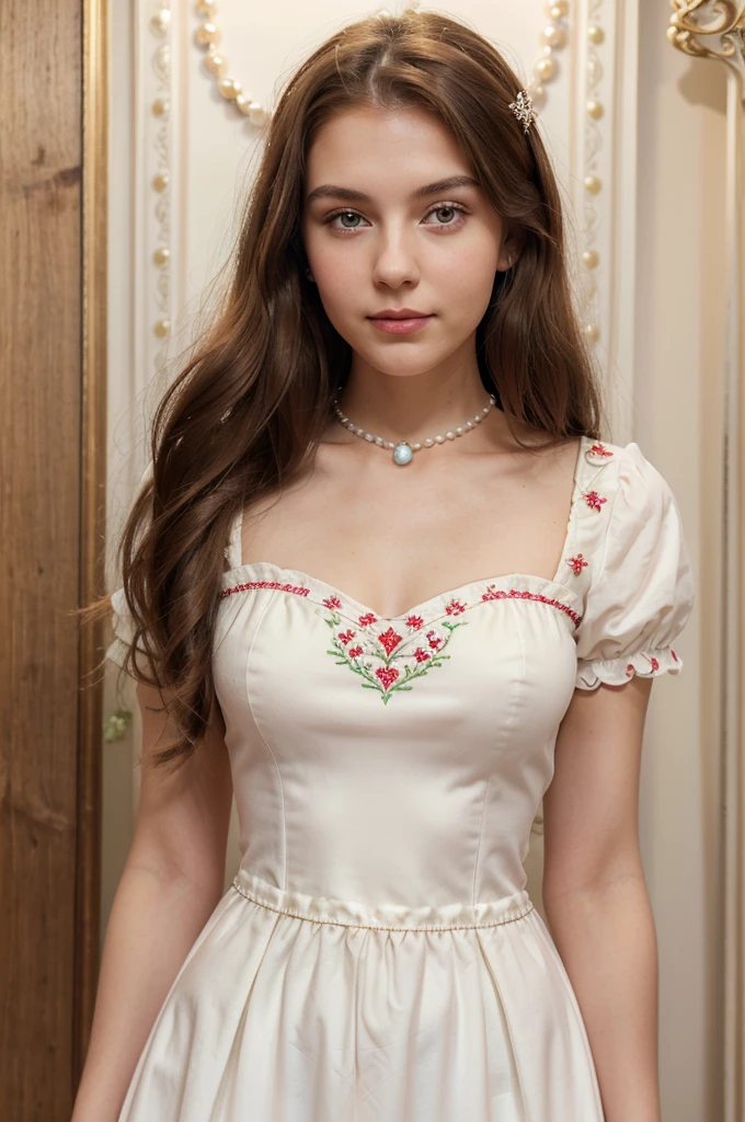 princess, 20 year old European woman, round face, white skin, sharp nose, red cheeks, dimples on the sides of her lips, small red lips, almond-shaped light green eyes, long brown hair to her waist. Long pink Victorian style dress, short sleeves, embroidered, slim body, wearing a pearl necklace, with hair ornaments