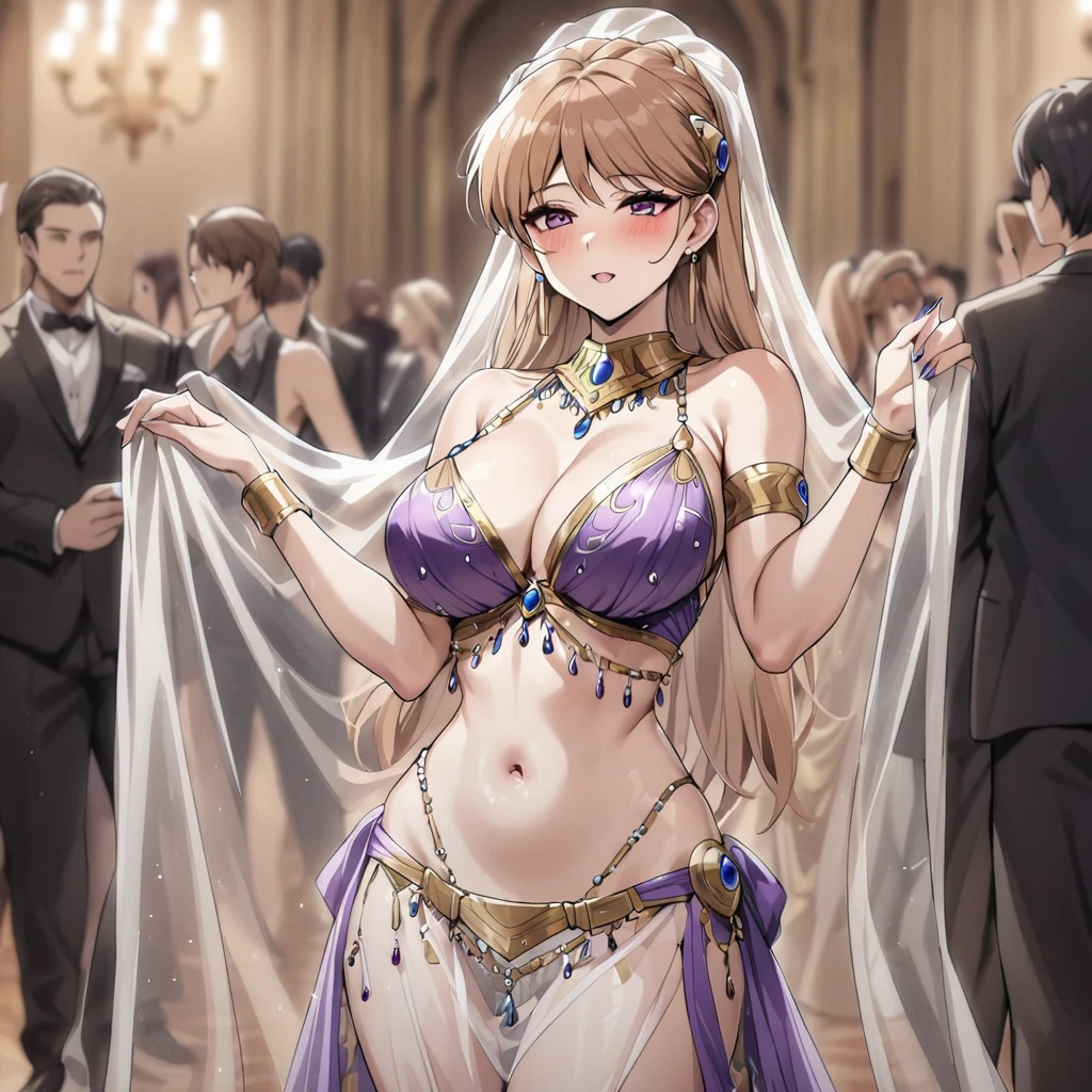 ((Highest quality)), ((masterpiece)), (detailed), （Perfect Face）、The woman is Princess Leona, wearing a purple, lavishly decorated, see-through belly dance costume with a see-through cape and a see-through veil. She has long, light brown hair.、At a ballroom in a luxurious palace with many attendees, a woman is dancing seductively and attracting attention.
