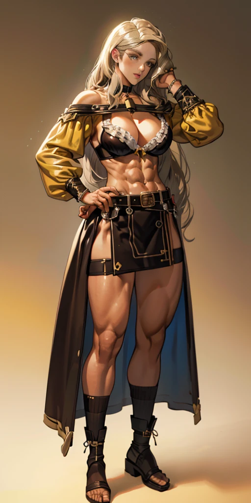  full body toe to head, masterpiece, 1solomercedes standing yellow loincloth and yellow bra, left hand on hips and right hand down pose, leather collar choker neck bell shackles wristbands bracers bracelets sleeves and stockings, strong body, abs, black chocolate skin, wearing a big belt (Nylon Belt for Women) (plain background)) 