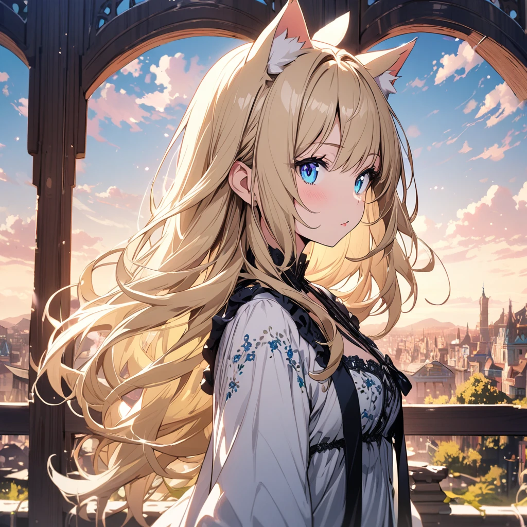 girl, blond hair, blue eyes, cat ears, pretty,(beautiful Background,detailed background:1.5)