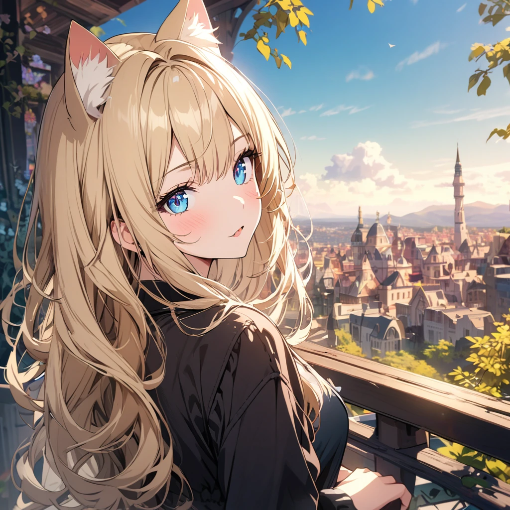 girl, blond hair, blue eyes, cat ears, pretty,(beautiful Background,detailed background:1.5)
