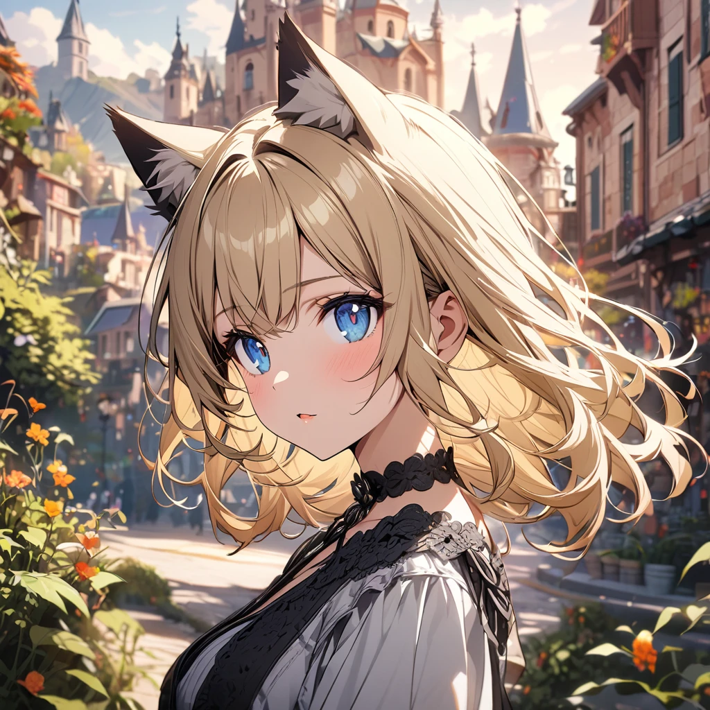 girl, blond hair, blue eyes, cat ears, pretty,(beautiful Background,detailed background:1.5)