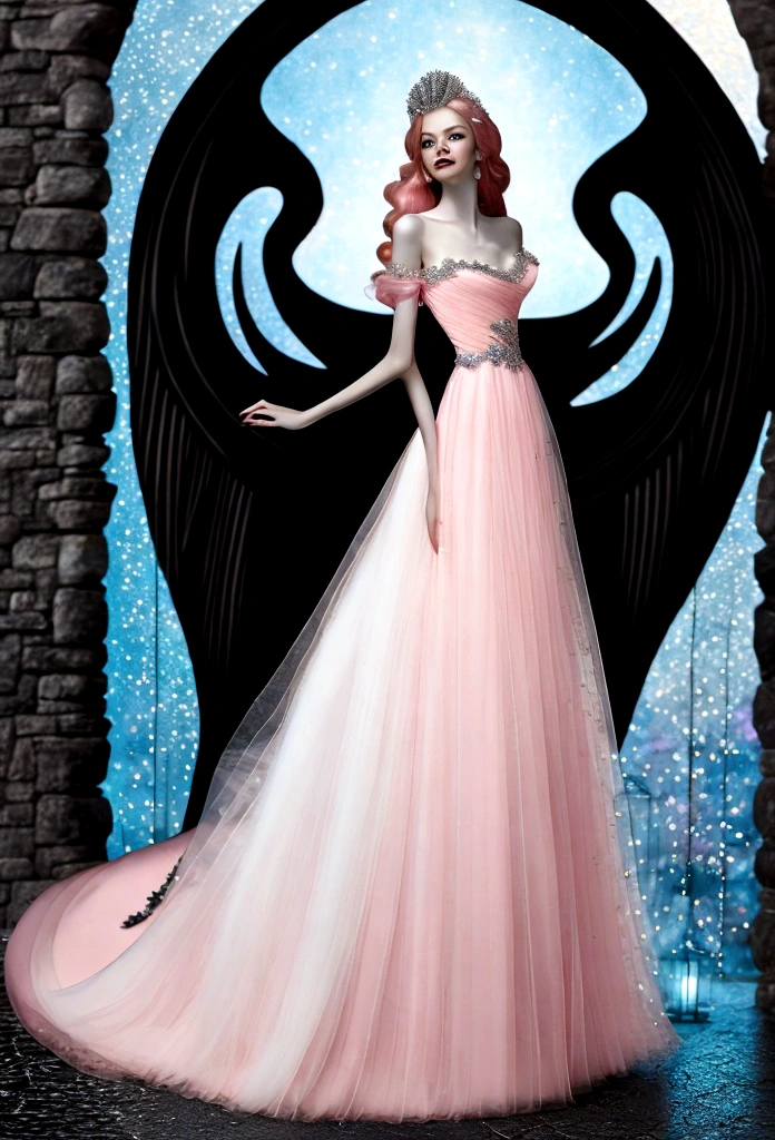 Arafed, a picture of a female angel in high society prom event, divine beautiful female angel, red hair, long hair, flowing hair, the hair glows in a soft light, cerulean eyes, deep light eyes, divine feminine face, (spread white feather wings: 1.2), she wears a ((pink and black evening dress: 1.5)), elegant, intricate detailed dress, silk dress, small cleavage, some crystals on the dress, she wears elegant knee high heeled boots, exquisite knee high heeled boots, she stands on the porch of a fantasy castle, dynamic angle, soft torch light, (Masterpiece: 1.5), 16k, highres, best quality, high details, ultra detailed, masterpiece, best quality, (extremely detailed), AngelStyle, GlowingRunesAI_paleblue, angel_wings, Angel