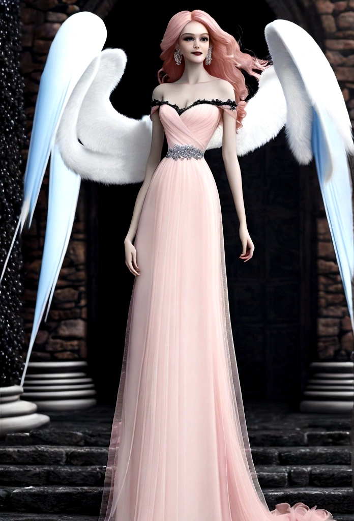 Arafed, a picture of a female angel in high society prom event, divine beautiful female angel, red hair, long hair, flowing hair, the hair glows in a soft light, cerulean eyes, deep light eyes, divine feminine  face, (spread white feather wings: 1.2), she wears a ((pink and black evening dress: 1.5)), elegant, intricate detailed dress, silk dress, small cleavage, some crystals on the dress,  she wears elegant knee high heeled boots, exquisite knee high heeled boots, she stands on the porch of a fantasy castle, dynamic angle, soft torch light, (Masterpiece: 1.5), 16k, highres, best quality, high details, ultra detailed, masterpiece, best quality, (extremely detailed), AngelStyle, GlowingRunesAI_paleblue, angel_wings, Angel