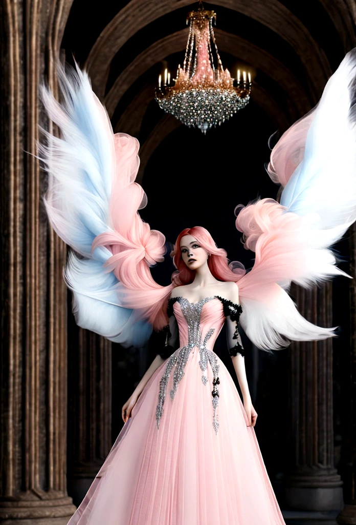 Arafed, a picture of a female angel in high society prom event, divine beautiful female angel, red hair, long hair, flowing hair, the hair glows in a soft light, cerulean eyes, deep light eyes, divine feminine face, (spread white feather wings: 1.2), she wears a ((pink and black evening dress: 1.5)), elegant, intricate detailed dress, silk dress, small cleavage, some crystals on the dress, she wears elegant knee high heeled boots, exquisite knee high heeled boots, she stands on the porch of a fantasy castle, dynamic angle, soft torch light, (Masterpiece: 1.5), 16k, highres, best quality, high details, ultra detailed, masterpiece, best quality, (extremely detailed), AngelStyle, GlowingRunesAI_paleblue, angel_wings, Angel