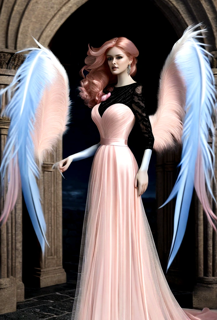 Arafed, a picture of a female angel in high society prom event, divine beautiful female angel, red hair, long hair, flowing hair, the hair glows in a soft light, cerulean eyes, deep light eyes, divine feminine face, (spread white feather wings: 1.2), she wears a ((pink and black evening dress: 1.5)), elegant, intricate detailed dress, silk dress, small cleavage, some crystals on the dress, she wears elegant knee high heeled boots, exquisite knee high heeled boots, she stands on the porch of a fantasy castle, dynamic angle, soft torch light, (Masterpiece: 1.5), 16k, highres, best quality, high details, ultra detailed, masterpiece, best quality, (extremely detailed), AngelStyle, GlowingRunesAI_paleblue, angel_wings, Angel