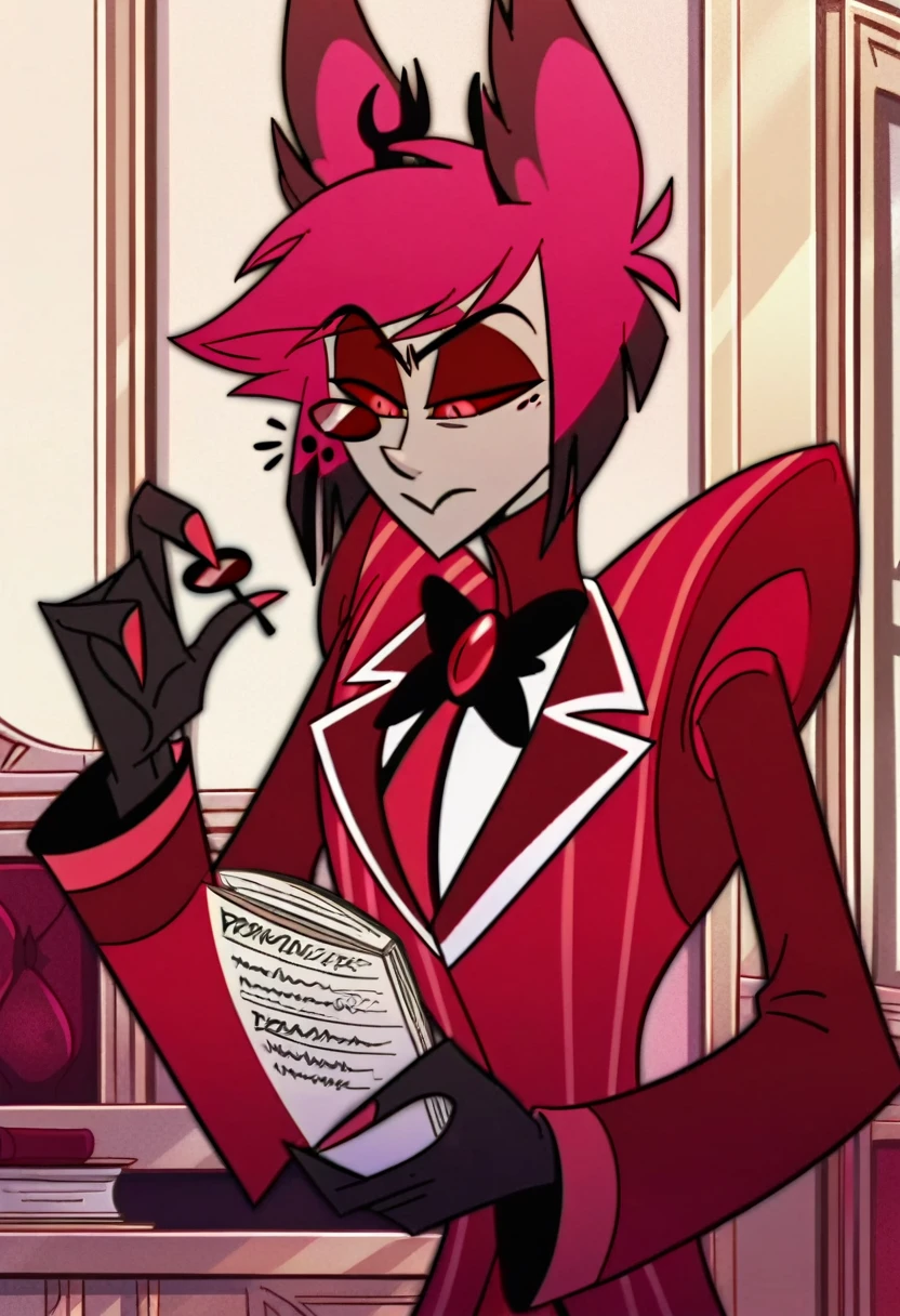 alastor, solo, 1boy, standing, (((huge breasts))), grey skin, red suit, monocle, BREAK score_9, score_8_up, score_7_up, score_6_up, (((screencap)))