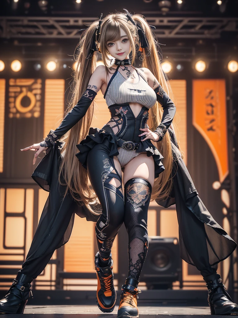 (Full Body View:1.5)、(lotus position:1.4)、(Smiling with teeth showing:1.3),(Shibuya Gal:1.5)、(Gothic ta style fashion:1.5)、(Punk RockVisual Kei:1.5)、(Wearing a rhythmic gymnastics bodysuit with intricate details:1.4)、(Racing suit and pants with delicate white, denim and orange decorations:1.5)、(Denim and orange and white boots:1.3)、((belt))、(Numerous delicate logo marks all over the costume:1.4)、(collar:1.3)、(Striped underwear:1.5)、20-year-old、NSFW、((Highest quality、In 8K、masterpiece:1.3))、Sharp focus:1.2、(Layered Cut、Huge boobs:1.1),Beautiful woman with perfect figure:1.4、(Dancing vigorously:1.3)、Slender Abs:1.2、Highly detailed face and skin texture、Detailed eyes、double eyelid,(Twin tails:1.3)、(Brown-golden hair:1.3)、Gravure idol、(The background is the stage of the fashion show:1.3)、(Slim body:1.3),(Make your legs thinner:1.4),（clavicle:1.1）、(Thin and slim thighs:1.3)