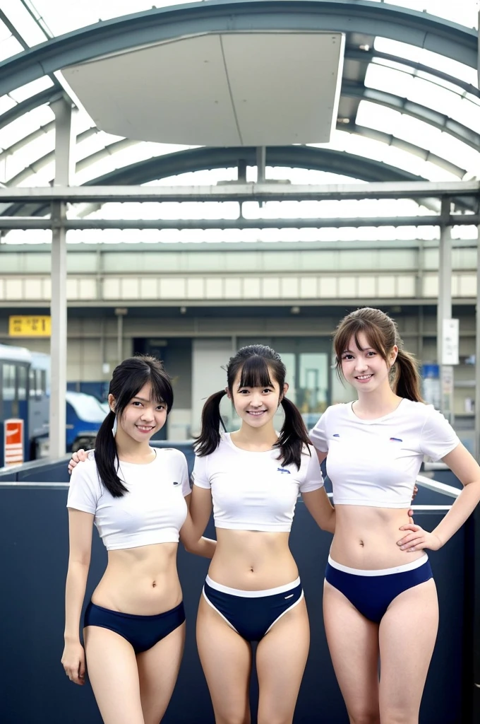 age Japanese Girl, White tight tank top, Bloomers made by Capital Ace、Bloomers made by CAPITAL ACE、Cobalt Blue Bloomers, bloomers, pointy big breasts, very small nipples, Sandy bloomers、Thin legs,Long white socks ,Embarrassed face, Side stand pose,volleyball,open small, View from below、Dirty full body view、Small buttocks with rough skin
