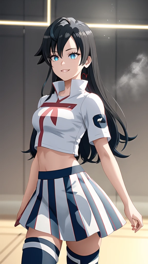 Misty Pokémon, Grin, break, Team Rocket uniform, (logo on shirt:1.25), White jacket, White Skirt, Thigh-high boots, abdomen, (Glowing Eyes:1.25), masterpiece, 最high quality, Very detailed, high quality, 4K, Sharp focus, Professional, Sharp focus, Awards, Cinema Lighting, Octane Rendering, Unreal Engine, Volumetrics dtx, wallpaper,