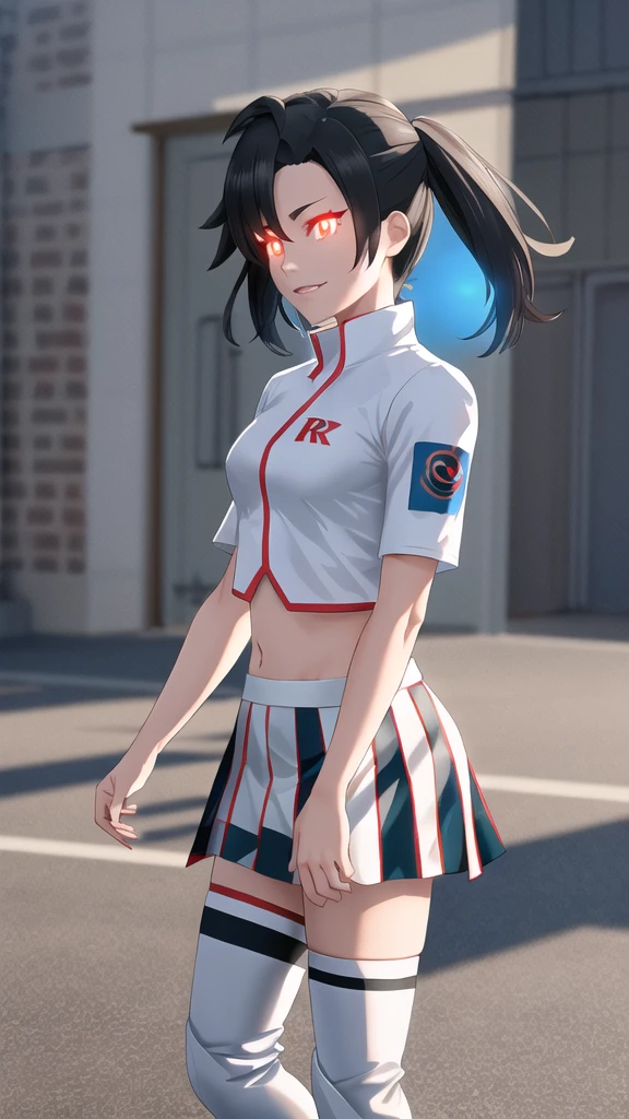 Misty Pokémon, Grin, break, Team Rocket uniform, (logo on shirt:1.25), White jacket, White Skirt, Thigh-high boots, abdomen, (Glowing Eyes:1.25), masterpiece, 最high quality, Very detailed, high quality, 4K, Sharp focus, Professional, Sharp focus, Awards, Cinema Lighting, Octane Rendering, Unreal Engine, Volumetrics dtx, wallpaper,