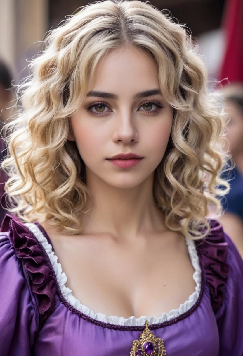 Mujer, linda, His approximate age is twenty years. Es rubia, de cabello rizado y denso,                       
                 hairstyle up with some curls falling. Tiene pendientes plateados y 
                 en cuanto a su vestimenta, He seems to be wearing a strange purple medieval carnival costume.. 
