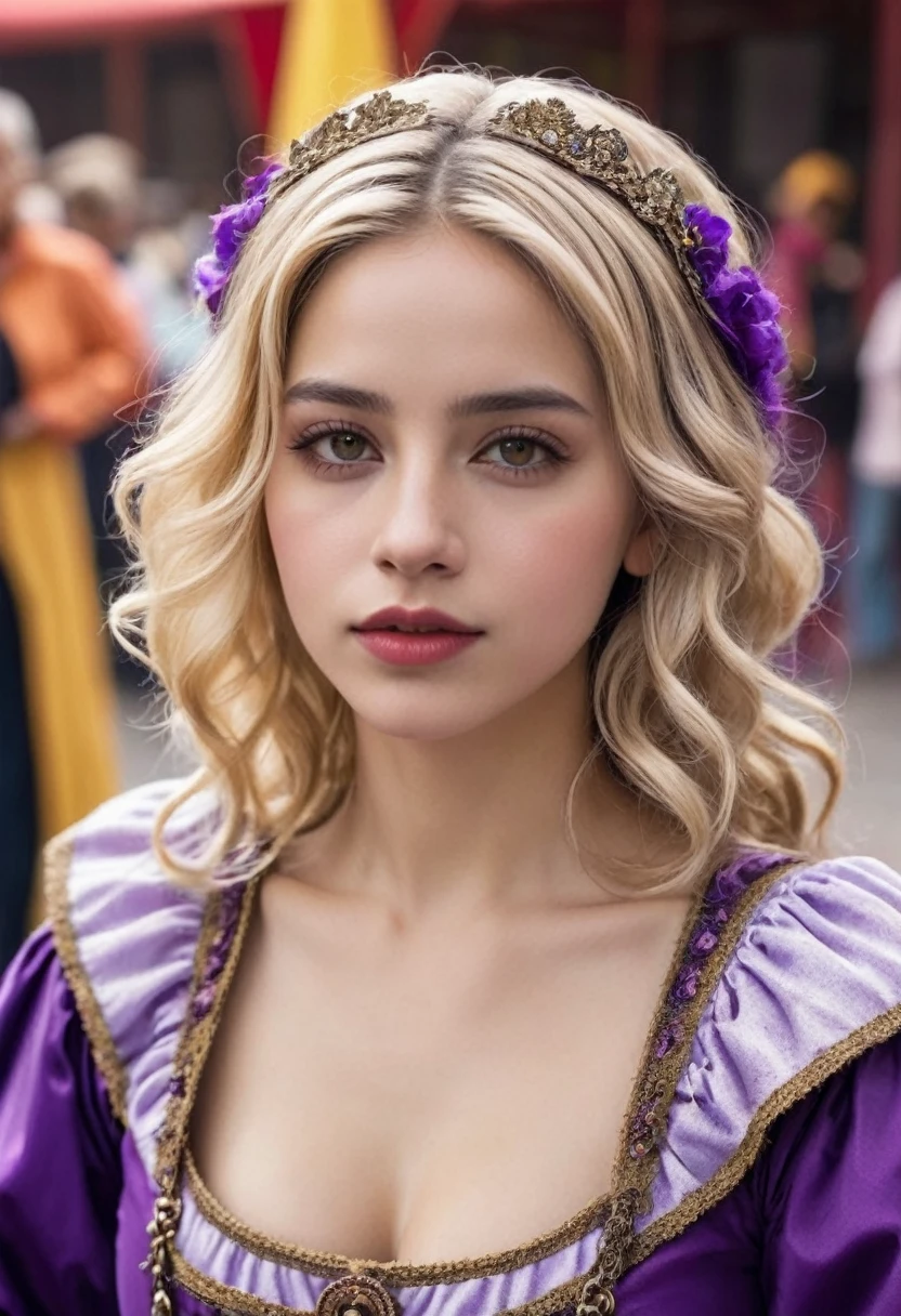 Mujer, linda, His approximate age is twenty years. Es rubia, de cabello rizado y denso,                       
                 hairstyle up with some curls falling. Tiene pendientes plateados y 
                 en cuanto a su vestimenta, He seems to be wearing a strange purple medieval carnival costume.. 
