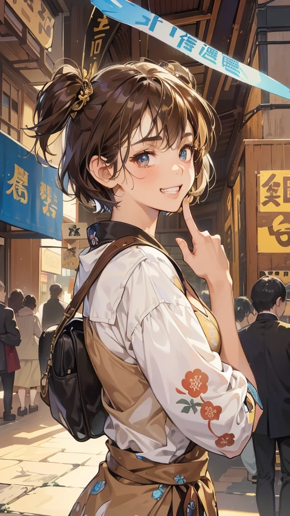 (perfect anatomy:1.2)(absurdres, highres, ultra detailed),masterpiece,best quality,high resolution,8k,Realistic face,Realistic skin texture,magnified textures, stunning clarity,detailed anime girl,(ultra detailed eyes and face),(14 years old:1.2),(baby face:1.2),japanese girl,floral printed blue yukata,、(very short hair, two side up:1.4)、tareme,light brown hair:1.2,kanzashi、glamor、short stature、(grin:1.4)、(bust up:1.4),Steampunk in the Edo Period、(Vivid hieroglyph signs and street advertisements:1.2)、busy、(worried about viewer:1.4),autumn、hieroglyph,souk、Shopping Street、Ancient Egyptian statues,reaching out,(tanned skin:1.3 ),big breasts,look up viewer,round face,Shoulder Bare,(from front:1.2),cleavage cutout,