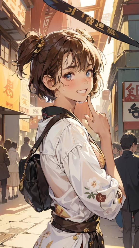 (perfect anatomy:1.2)(absurdres, highres, ultra detailed),masterpiece,best quality,high resolution,8k,Realistic face,Realistic skin texture,magnified textures, stunning clarity,detailed anime girl,(ultra detailed eyes and face),(14 years old:1.2),(baby face:1.2),japanese girl,floral printed blue yukata,、(very short hair, two side up:1.4)、tareme,light brown hair:1.2,kanzashi、glamor、short stature、(grin:1.4)、(bust up:1.4),Steampunk in the Edo Period、(Vivid hieroglyph signs and street advertisements:1.2)、busy、(worried about viewer:1.4),autumn、hieroglyph,souk、Shopping Street、Ancient Egyptian statues,reaching out,(tanned skin:1.3 ),big breasts,look up viewer,round face,Shoulder Bare,(from front:1.2),cleavage cutout,