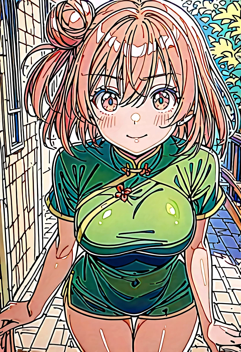 (Highest quality, High resolution, Pixel perfect, Written boundary depth, 4K), Beautiful Anime Girls, Beautiful art style, 
Looking at the audience, 
Perfect body,  

Yuigahama Yui, short hair, Hair Bun, 
?????????????, 
(The whole face turns red),shy,  
 
On the street, 

(Oekakizuki Cheongsam), Thighs, 
From above, Upward glance, 
