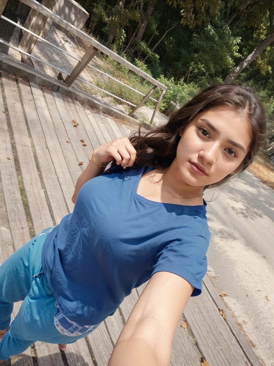masterpiece, Best Quality, 8K, 1 Indian girl, in autumn, A tree-lined road lined with autumn leaves, out of focus, 18 yo, medium breasts⁩, Mouth slightly open, cute little, Solo, sad, Clothes that look good in autumn, Cute, Girly, Delicate girl, Neat and clean beauty, Raw photo, Professional Photography, Portrait, Soft light, Professional Lighting, Back lighting, Upper body, see the beholder, Sophisticated, Film grain, (Eyes and faces with detailed:1.0), medium hair swaying in the wind, beautiful flowing brown hair, bangs