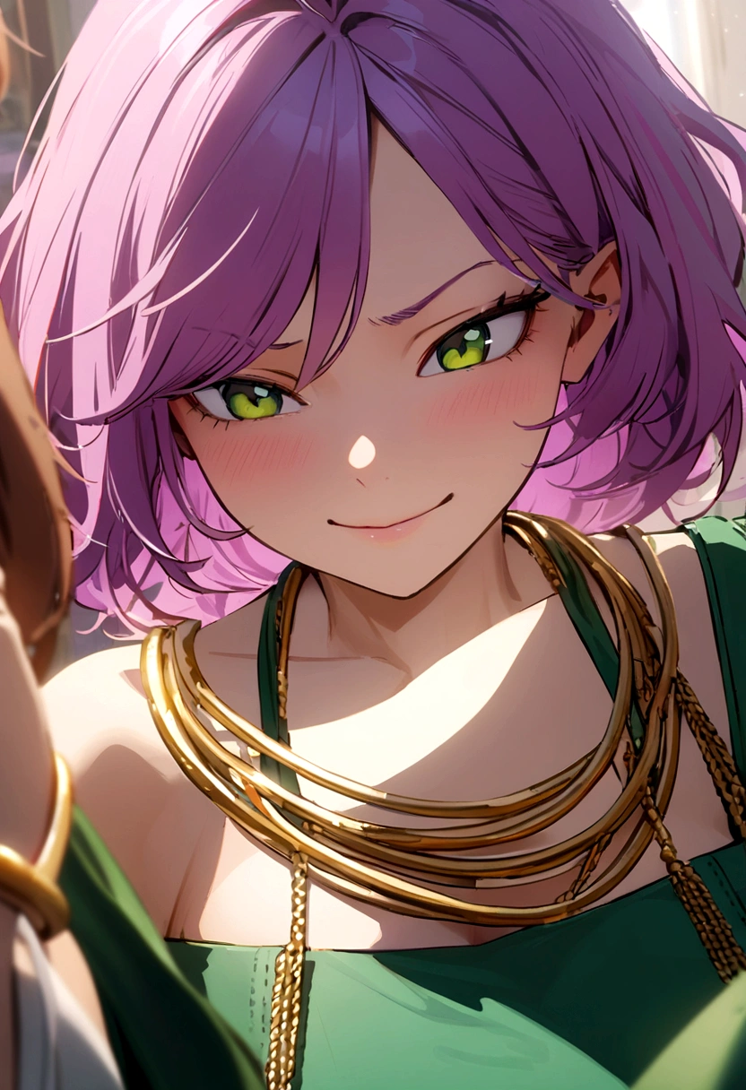 Girl with short purple-pink hair, dark green eyes, purple strapless dress, white t-shirt inside, wearing many gold bracelets, green handbag, sly face