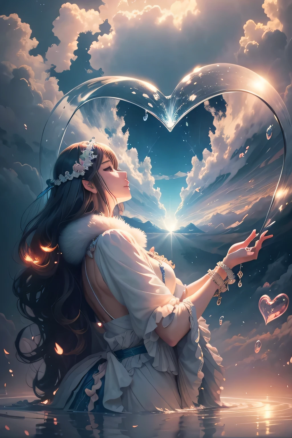 lovely Double exposure image by blending together a man and a woman a stormy sea and a heart inside a Glass Heart. The sea should be the background, with its details subtly incorporated into the glossy Glass Heart, Sharp focus, Double exposure, glossy Glass Heart, (Translucent glass heart statue) (Inner Sea) Lifeless, Dead, Glass Heart, Earth Colors, Decadence, Intricate Design, Ultra-realistic, High resolution, Very detailed, Dark Softbox Image, Ray Tracing, Cinematic, High resolution, Realistic (Double exposure:1.1), More little heart-shaped water droplets.Cotton candy queen female goddess 8k resolution render with ultra-realistic intricate detail、Lives in a cold heart-shaped ice bubble, A fantastic place with many castles, cotton candy, swan lake and fluffy clouds, Complex visual representations of computer programming, Renders exquisite details and symbols in 24K resolution.