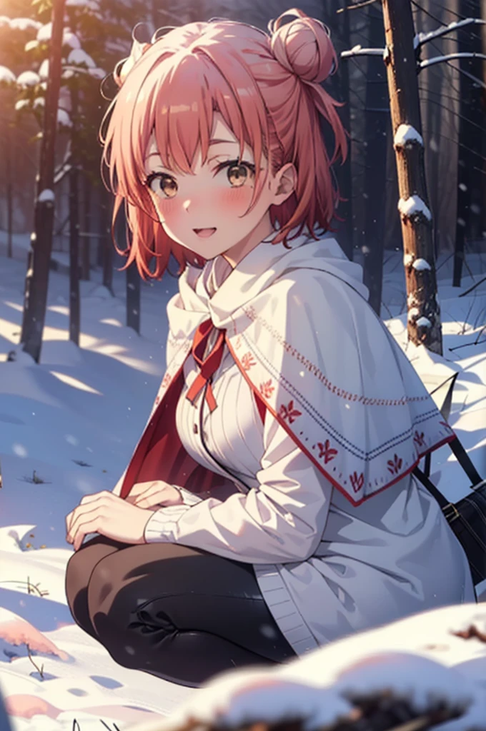 yuiyuigahama, yui yuigahama, short hair, (Brown eyes:1.5), (Pink Hair:1.2), Hair Bun, single Hair Bun, smile, (Big Breasts:1.2),smile,blush,White Breath,
Open your mouth,snow,Ground bonfire, Outdoor, boots, snowing, From the side, wood, suitcase, Cape, Blurred, forest, White handbag, nature, Squat, Mouth closed,Cape, winter, Written boundary depth, Black shoes, red Cape break looking at viewer, Upper Body, whole body, break Outdoor, forest, nature, break (masterpiece:1.2), Highest quality, High resolution, unity 8k wallpaper, (shape:0.8), (Beautiful and beautiful eyes:1.6), Highly detailed face, Perfect lighting, Highly detailed CG, (Perfect hands, Perfect Anatomy),