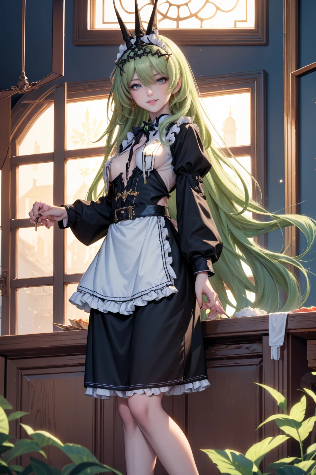 Mobius_(honkai impact 3d), bakery, holding a pastry brush, bakery utensils, cooking a cake, ornament hair, a snake girl, perfectly body, perfectly hands, wave hair, light green hair, long hair, maid, maid dress, maid headdress, maid apron, stand up close to the window, kitchen, kitchen scenery, gold lantern, black dress, skirt, more details on her clothes, black dress, golden details, night, smiling, coat, ((4k, masterpiece, top-quality)),8k, best quality, high resolution, HD, (illustration:0.8), super cute girl, delicate and beautiful face, 1girl, solo, mature girl, super cute hairstyle, (beautiful detailed eyes:1.6), extremely detailed face, perfect lighting, extremely detailed CG, (perfect hands, perfect anatomy), Best quality, cleavage, skirt, full Body, two legs, two arms, two hands, five fingers
