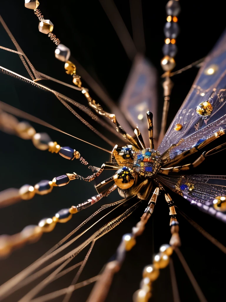 a close up of a  spider made of beads, made of beads and yarn, detailed. insect like, that looks like a insect, by Nina Petrovna Valetova, ”ultra realistic, spiders!!!!, by Mandy Jurgens, by Niko Henrichon, steampunk spider, torquoise fantasy fanged medusa, ✨🕌🌙