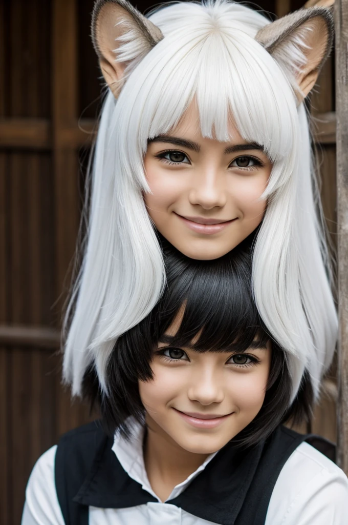 Joven estilo anime, con orejas de gato, pelo color blanco, midiendo 1,50 fondo de color negro, with a slight shy smile