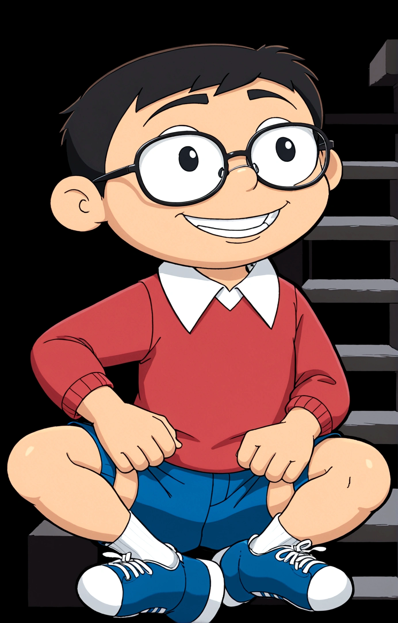 Nobita Nobi,solo, smile, simple background, shirt, black hair, long sleeves, 1boy, sitting, full body, male focus, shoes, glasses, shorts, socks, collared shirt, black background, red shirt, blue shorts, blue footwear, stairs