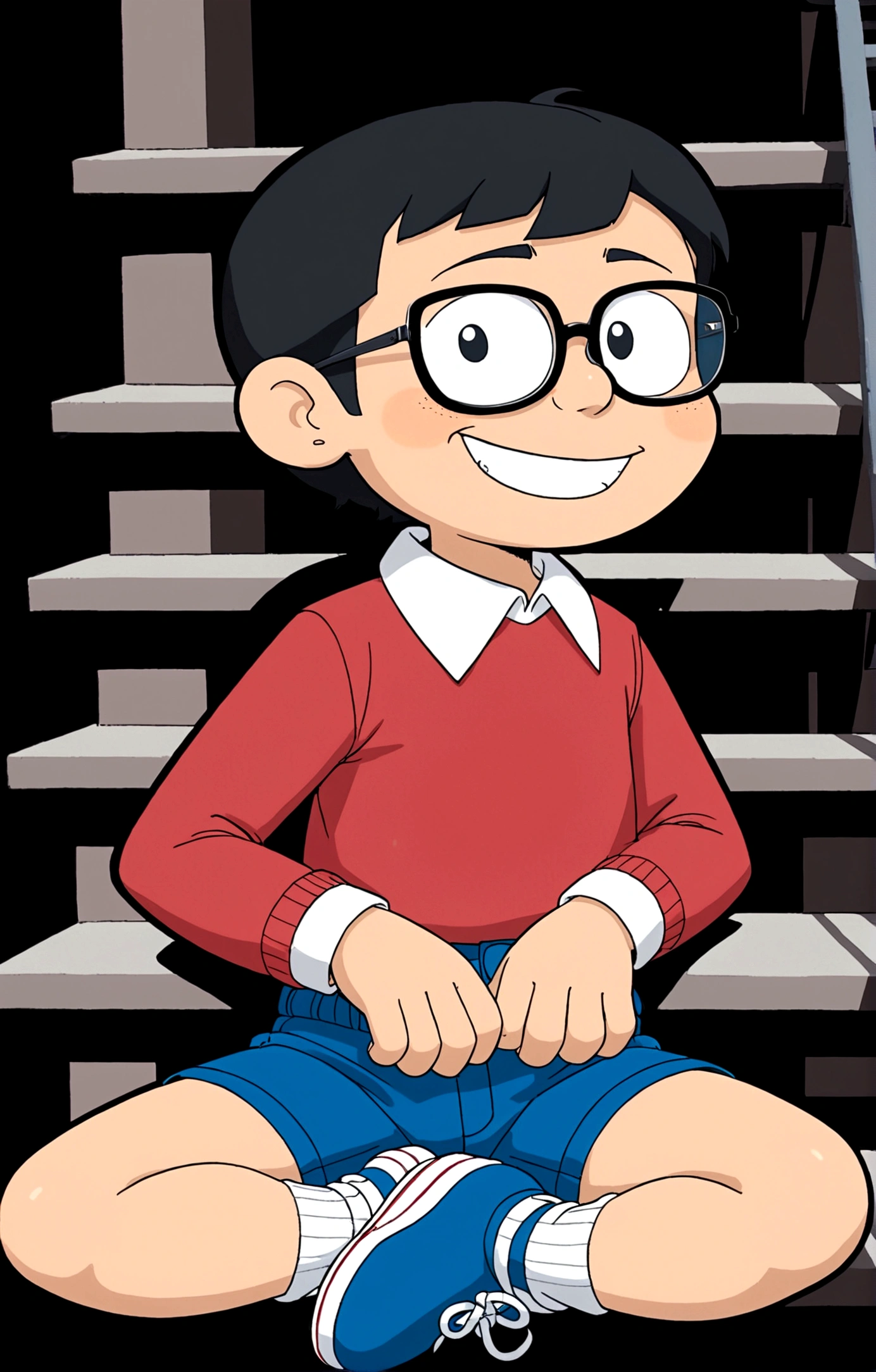 Nobita Nobi,solo, smile, simple background, shirt, black hair, long sleeves, 1boy, sitting, full body, male focus, shoes, glasses, shorts, socks, collared shirt, black background, red shirt, blue shorts, blue footwear, stairs