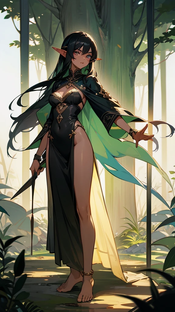 Black-haired young elf with pointed ears,Dark skin,black persian clothing,Transparent long skirt,Bare waist,thong,cleavage,,barefoot,Standing,forest