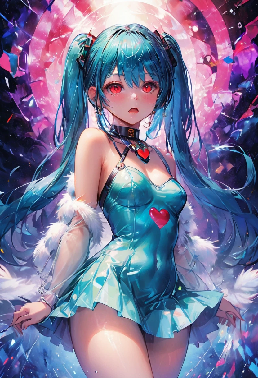 (Highest quality, 4K, 8k, High resolution, masterpiece:1.2), Very detailed, (Realistic, photoRealistic, photo-Realistic:1.37), expressive aesthetics, 1960s counterculture, Brightly colored humanoid, Psychedelic Art, Retro art style, Sharp details, abstract pattern, , , , Heart-shaped background, , , Fractal Art, Multicolored neon lights, A unique and trippy perspective, landscape, Hallucinations, a mind-changing experience, Motion Blur, Fluid movement, Synthesizer Sounds, Realistic fur rendering, Rich and vibrant color palette, , Mysterious glow, high contrast lighting, , Both eyes are the same size, One Girl, alone, voluptuous, , bondage, bdsm, , Wet, Glowing Skin, , , Wrist cuff, , latex, , , Red cheeks, , , , , , Beautiful nipples, , , Pussy, , Shiny rosy lips, Sexy posture, Dynamic pose,Lens flare, Hatsune Miku, , cyan hair, ，Chest compressions，, Pleated skirt, torogao, wince,(orgasm:1.5),awaiting tongue, purple eyes, Sex slave, bondage, bdsm, garter belt