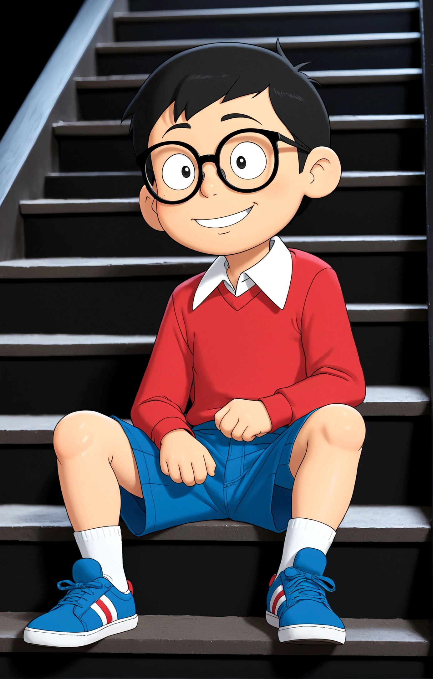 Nobita Nobi,solo, smile, simple background, shirt, black hair, long sleeves, 1boy, sitting, full body, male focus, shoes, glasses, shorts, socks, collared shirt, black background, red shirt, blue shorts, blue footwear, stairs