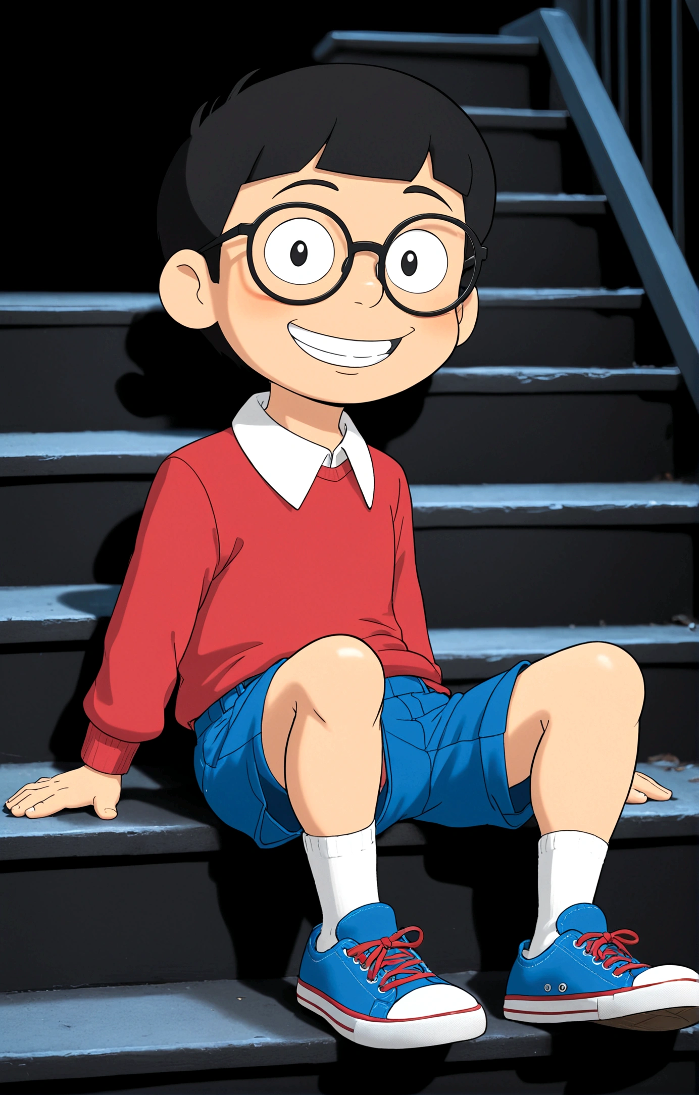 Nobita Nobi,solo, smile, simple background, shirt, black hair, long sleeves, 1boy, sitting, full body, male focus, shoes, glasses, shorts, socks, collared shirt, black background, red shirt, blue shorts, blue footwear, stairs