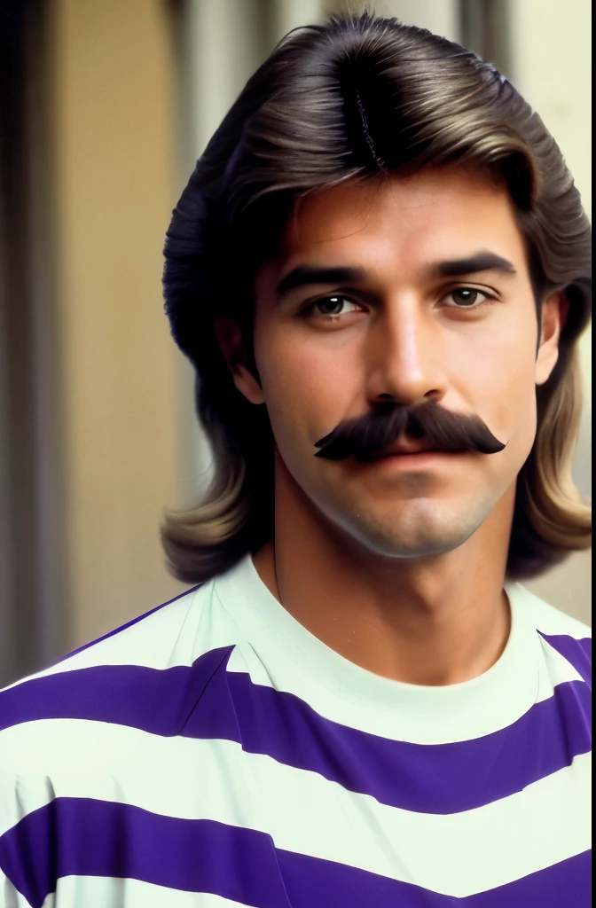 a close up of a man with a mustache and a striped shirt, 1 9 8 0 s mullet haircut, mullet haircut, he got a big french musctache, 8 0 s haircut, mullet, 8 0's hairstyle, 80s hair, mullet long haircut, purple mullet, 8 0 ’ s portrait, thick mustache, 1 9 8 0 s hairsprayed hair