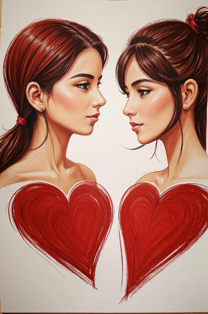 Dos corazones dibujados conectados por un hilo rojo