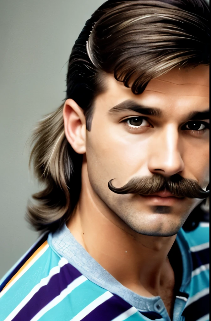 a close up of a man with a mustache and a striped shirt, 1 9 8 0 s mullet haircut, mullet haircut, he got a big french musctache, 8 0 s haircut, mullet, 8 0's hairstyle, 80s hair, mullet long haircut, purple mullet, 8 0 ’ s portrait, thick mustache, 1 9 8 0 s hairsprayed hair
