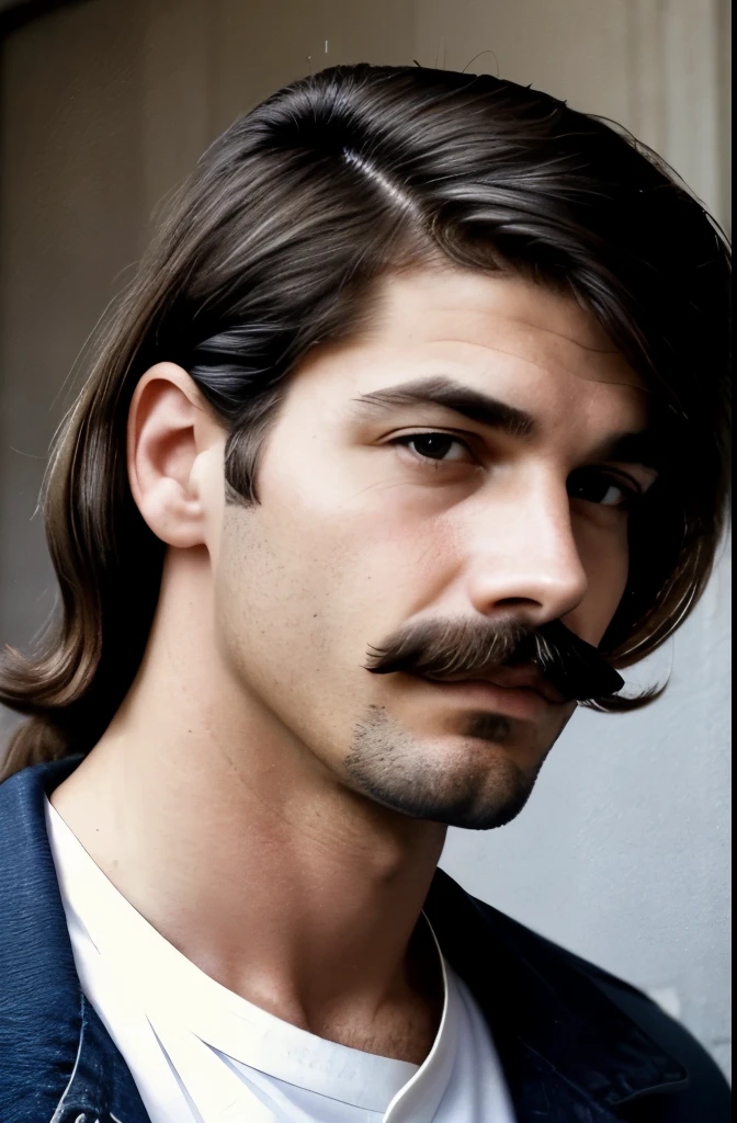a close up of a man with a mustache and a striped shirt, an album cover by Bruce Gilden, flickr, fantastic realism, 1 9 8 0 s mullet haircut, mullet haircut, he got a big french musctache, 8 0 s haircut, mullet, 8 0's hairstyle, 80s hair, mullet long haircut, purple mullet, 8 0 ’ s portrait