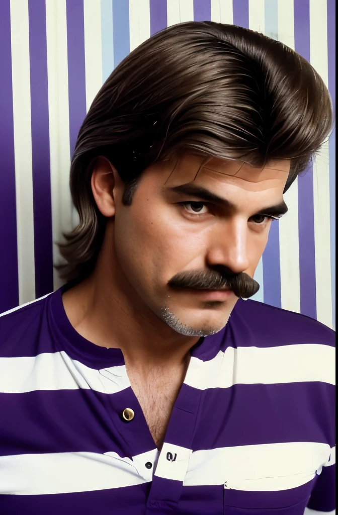 a close up of a man with a mustache and a striped shirt, an album cover by Bruce Gilden, flickr, fantastic realism, 1 9 8 0 s mullet haircut, mullet haircut, he got a big french musctache, 8 0 s haircut, mullet, 8 0's hairstyle, 80s hair, mullet long haircut, purple mullet, 8 0 ’ s portrait