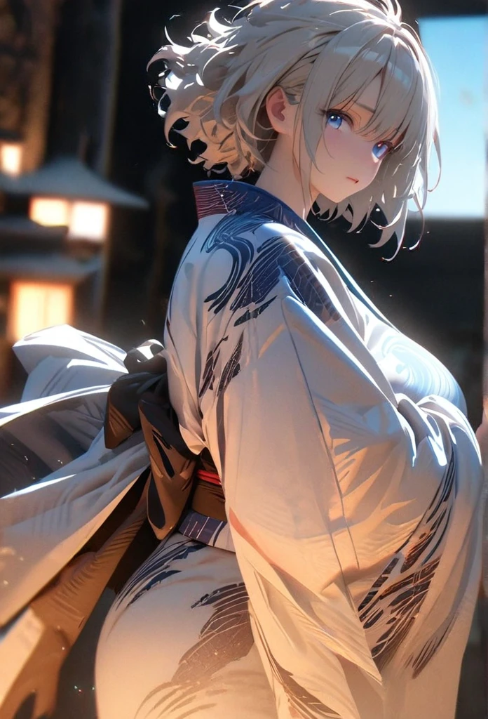 (solo), white hair, messy hair, mane hair, short hair, dense hair, wild hair, expressive hai,(25 year old), pale skin, ((Female)), blue eyes, beautiful girl, wearing a white and blue decoration kimono, beautiful, attractive, huge breast, big ass, Yin, eye reflection, depth of field, thunder aura, cinematic lighting, ray tracing, depth of field, cinematic lighting, ray tracing, UHD, high details, best quality, highres, high quality, award winning, super detail, masterpiece, 8k, UHD, high details, best quality, highres, high quality, award winning, super detail, masterpiece, 8k, digital art, anime coloring, body shot, full body, back shot, good face, perfect face, detailed face, good eyes. The background is space. A whitehole in the background.