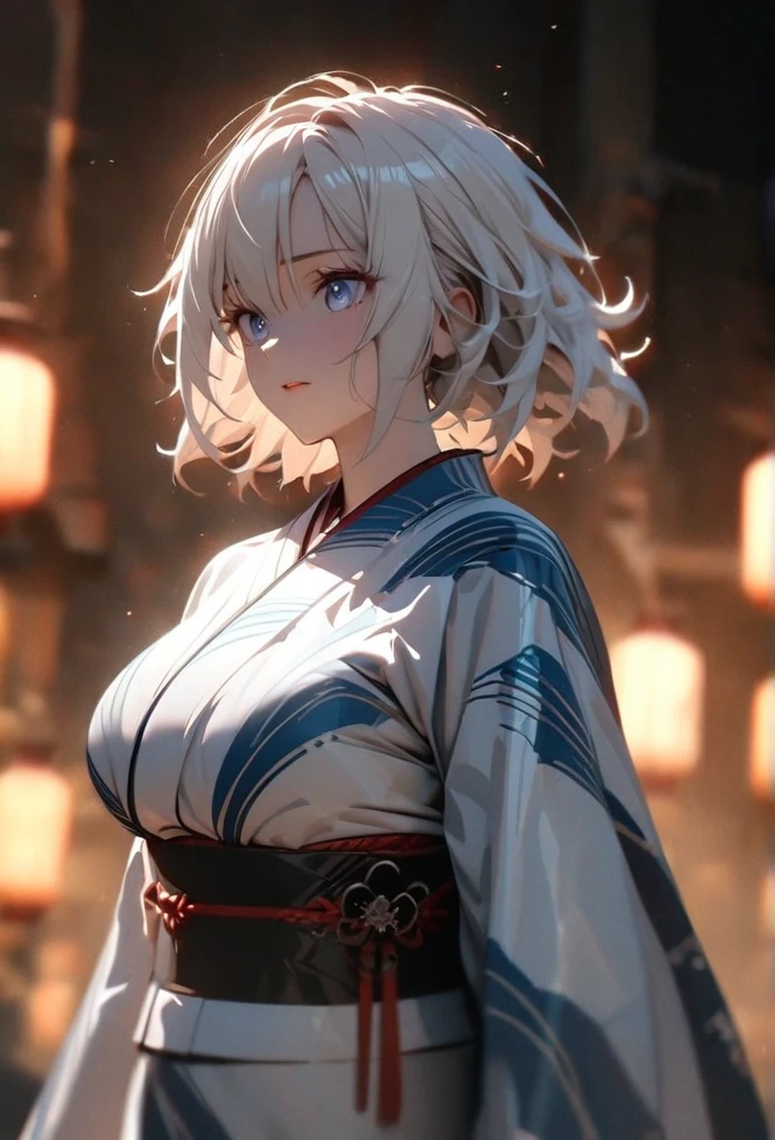 (solo), white hair, messy hair, mane hair, short hair, dense hair, wild hair, expressive hai,(25 year old), pale skin, ((Female)), blue eyes, beautiful girl, wearing a white and blue decoration kimono, beautiful, attractive, huge breast, big ass, Yin, eye reflection, depth of field, thunder aura, cinematic lighting, ray tracing, depth of field, cinematic lighting, ray tracing, UHD, high details, best quality, highres, high quality, award winning, super detail, masterpiece, 8k, UHD, high details, best quality, highres, high quality, award winning, super detail, masterpiece, 8k, digital art, anime coloring, body shot, full body, back shot, good face, perfect face, detailed face, good eyes. The background is space. A whitehole in the background.
